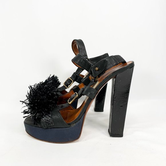 Lanvin Shoes - LANVIN Black Lametta Peep Toe Buckle Sandal Pumps